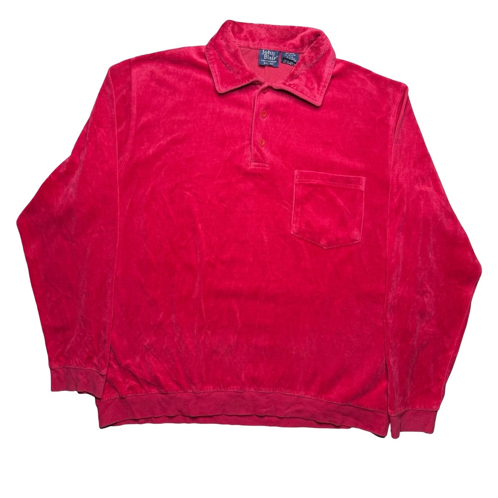 Vintage 90s John Blair velour long sleeve polo‎ shirt red XL